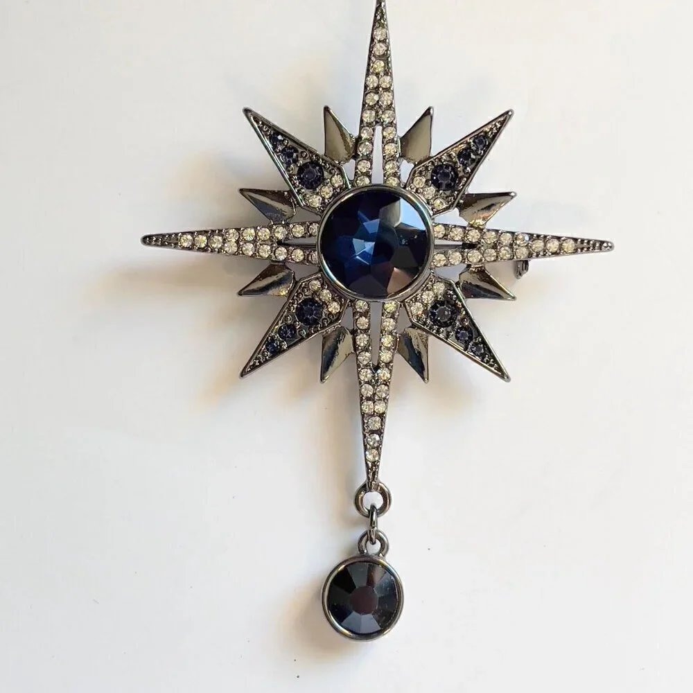 Antique Reproduction Simulated Sapphire Clear Pave Crystal Gunmetal Star Brooch